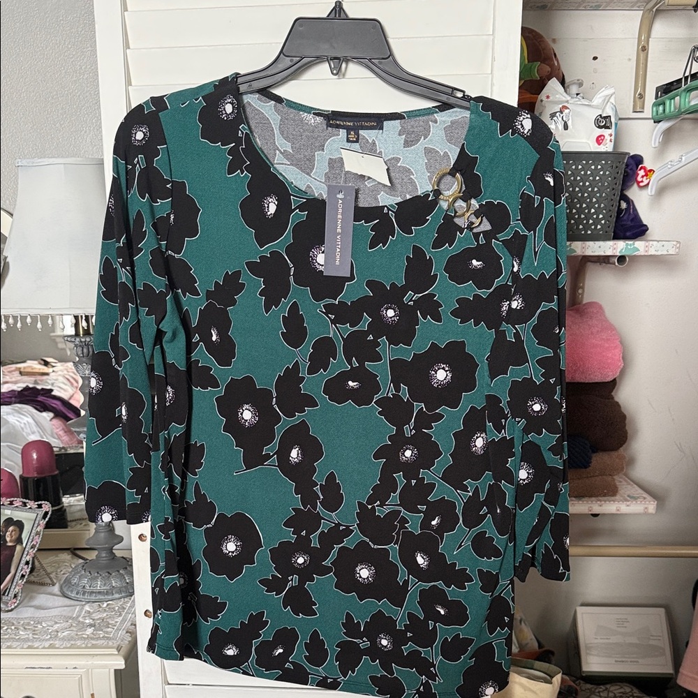 Adrienne Vittadini Teal and Black Floral Blouse